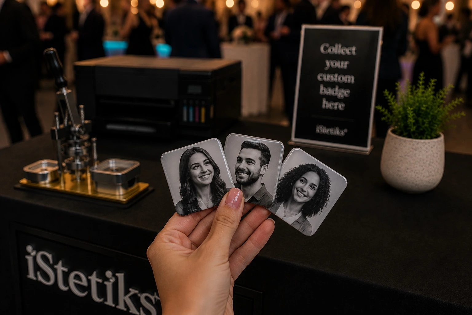 Guest holding finished personalized photo badges