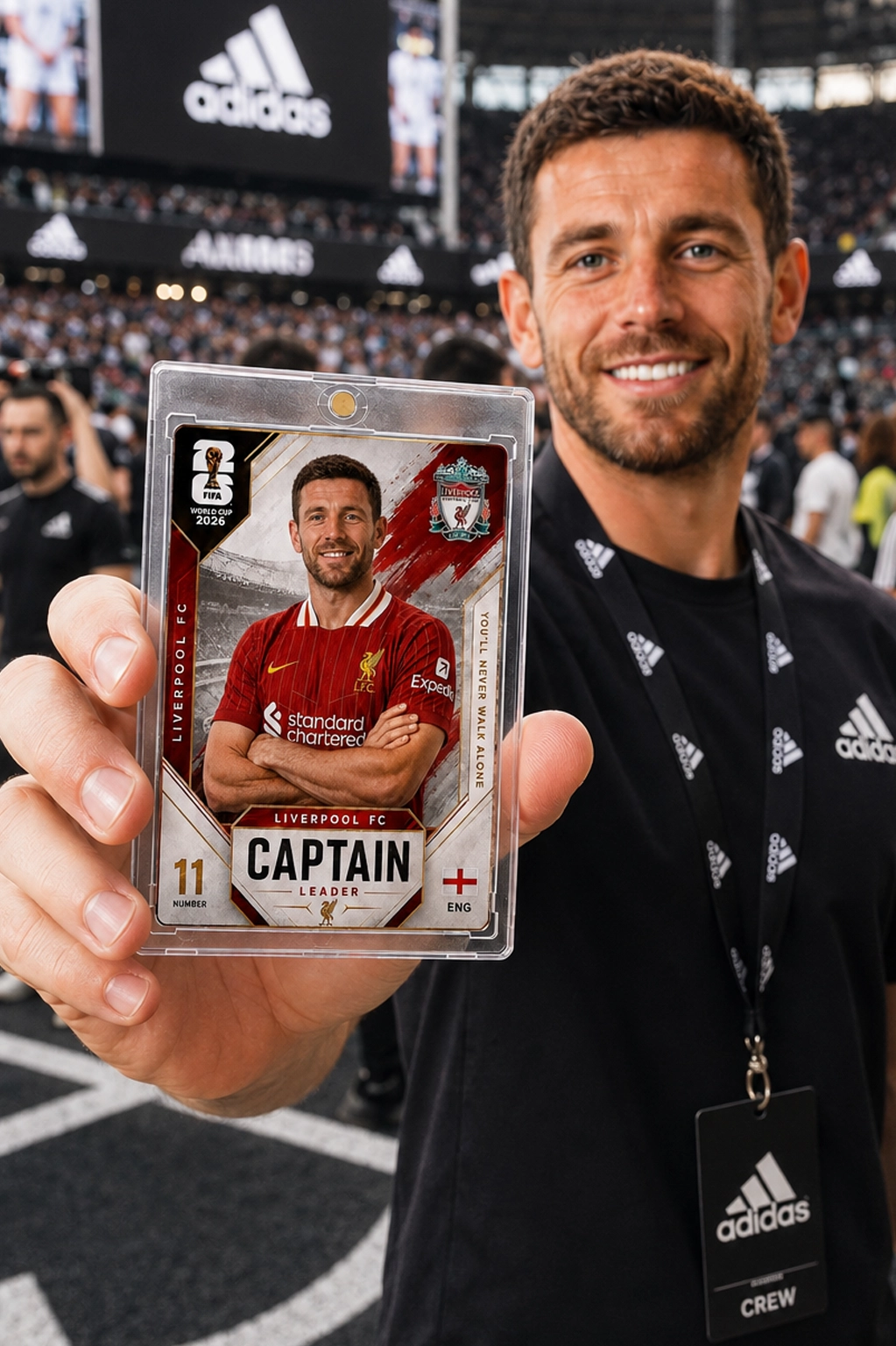 Guest holding a personalized trading card in an event stadium setting