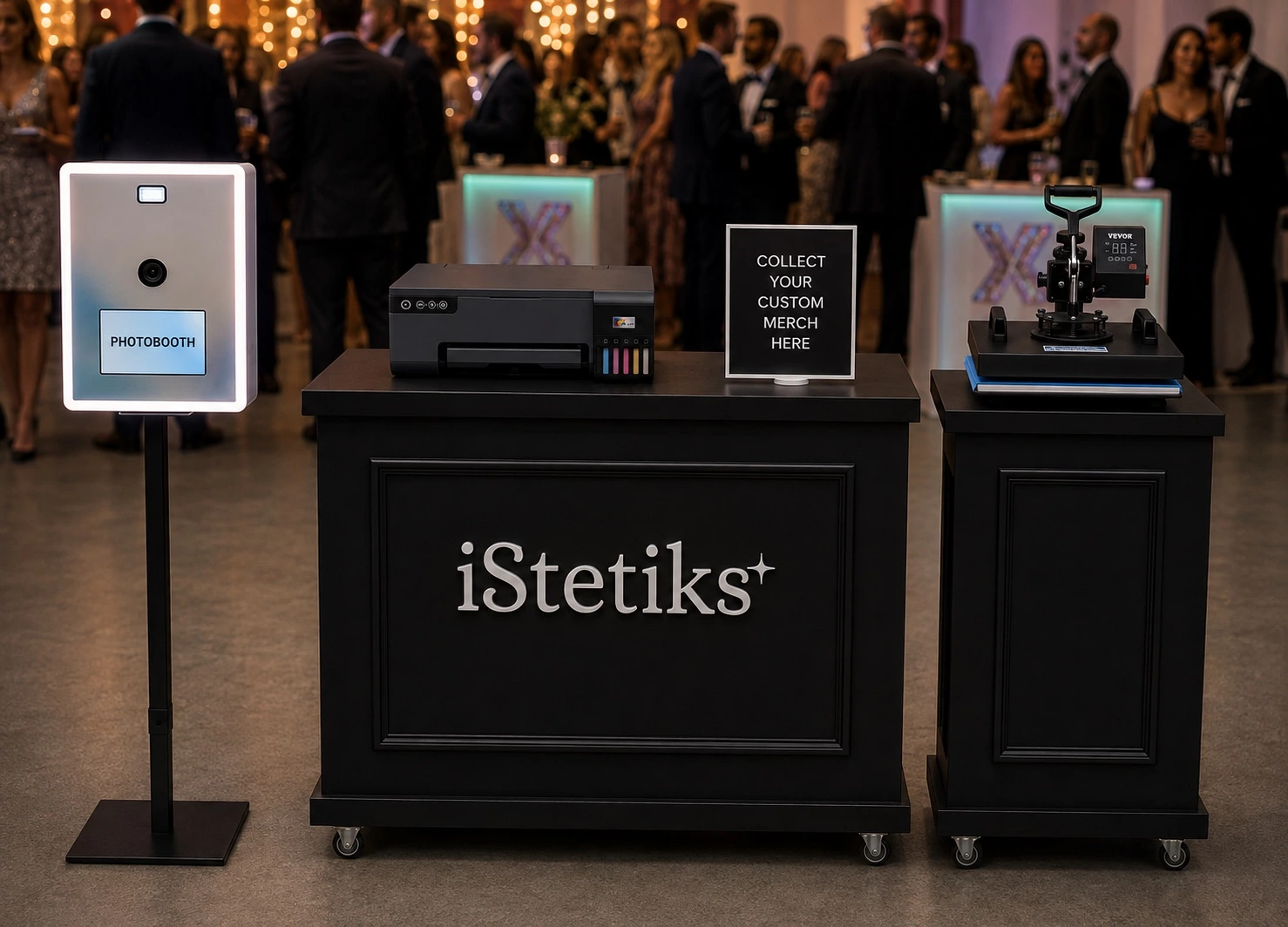 iStetiks Fusion Print event setup with photobooth, printer and heat press